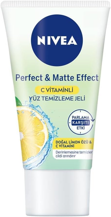 NIVEA Yüz Temizleme Jeli Perfect&Matte 50ml, C Vitamini, Limon Özü, Matlaştırıcı Etki, Parlama Kontrolü
