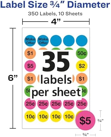 Önceden Basılmış Çıkarılabilir Garaj Satış Etiketleri, 0,75 inç, Yuvarlak, 350&apos;li Paket (5480), Çeşitli Neon