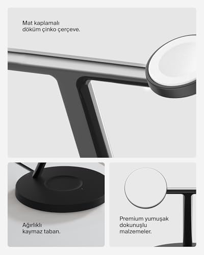 BoostCharge 3'ü 1 Arada Qi2 şarj cihazı, MagSafe uyumlu kablosuz şarj istasyonu, 16 Serisi,, Kaymaz Tabanlı AirPods için Qi2 Kablosuz Şarj Aleti, PSU Dahil - Siyah