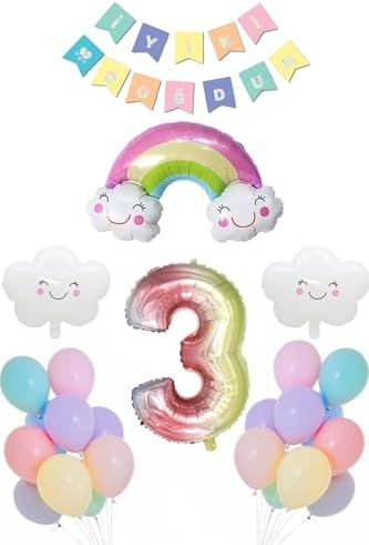 3 Yaş Gökkuşağı Bulut Konsepti Doğum Günü Parti Kutlama Seti