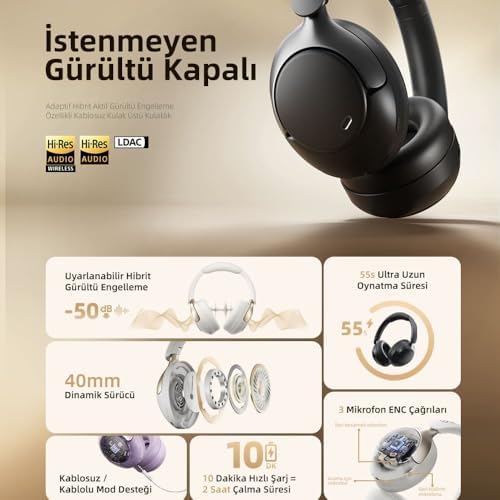 QCY H3 Pro Hybrid Anc Hi-res Ldac Bluetooth 5.4 Kafaüstü Kablosuz Kulaklık Çift Cihaz desteği Siyah