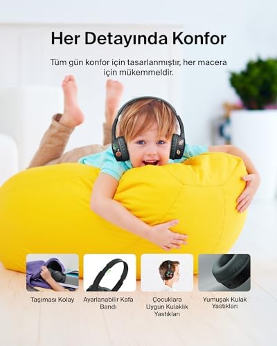 SoundForm Mini Çocuk Kablosuz Kulaklık (Siyah) – Dahili Mikrofon, 30 Saat Çalma, Eğlenceli Çıkartmalar,, iPad ve Galaxy Uyumlu