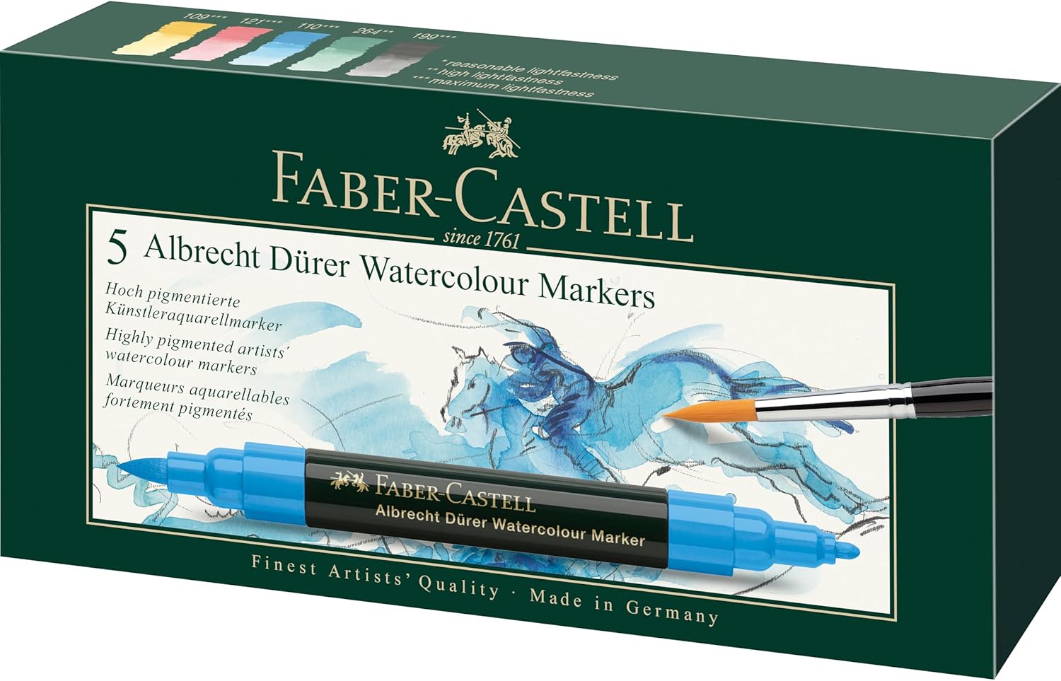Faber-Castell Albrecht Dürer Suluboya Markör Seti 5’li, Çift Uçlu, Yüksek Pigmentli Mürekkep, 1-2 mm Fırça ve Keçe Uç